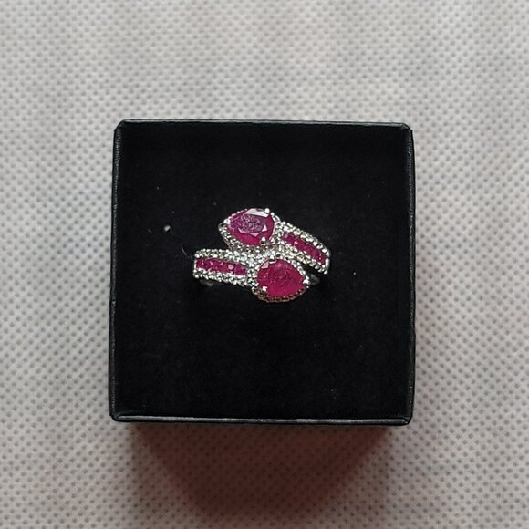 Rhodium over 925 Silver 2 Tear Drop Pinkish Rubies + Ruby/Topaz Halo Ring